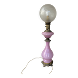 Large antique lamp in pink opaline and brass with engraved globe