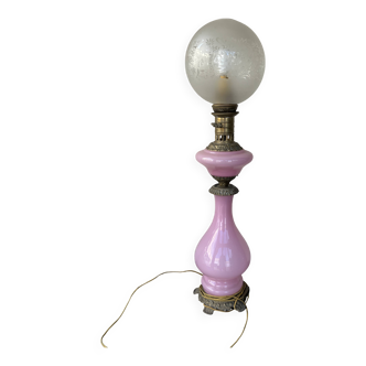Large antique lamp in pink opaline and brass with engraved globe