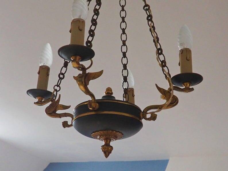 Vintage French Empire Swan Chandelier: Bronze Brass Toleware, C1950s