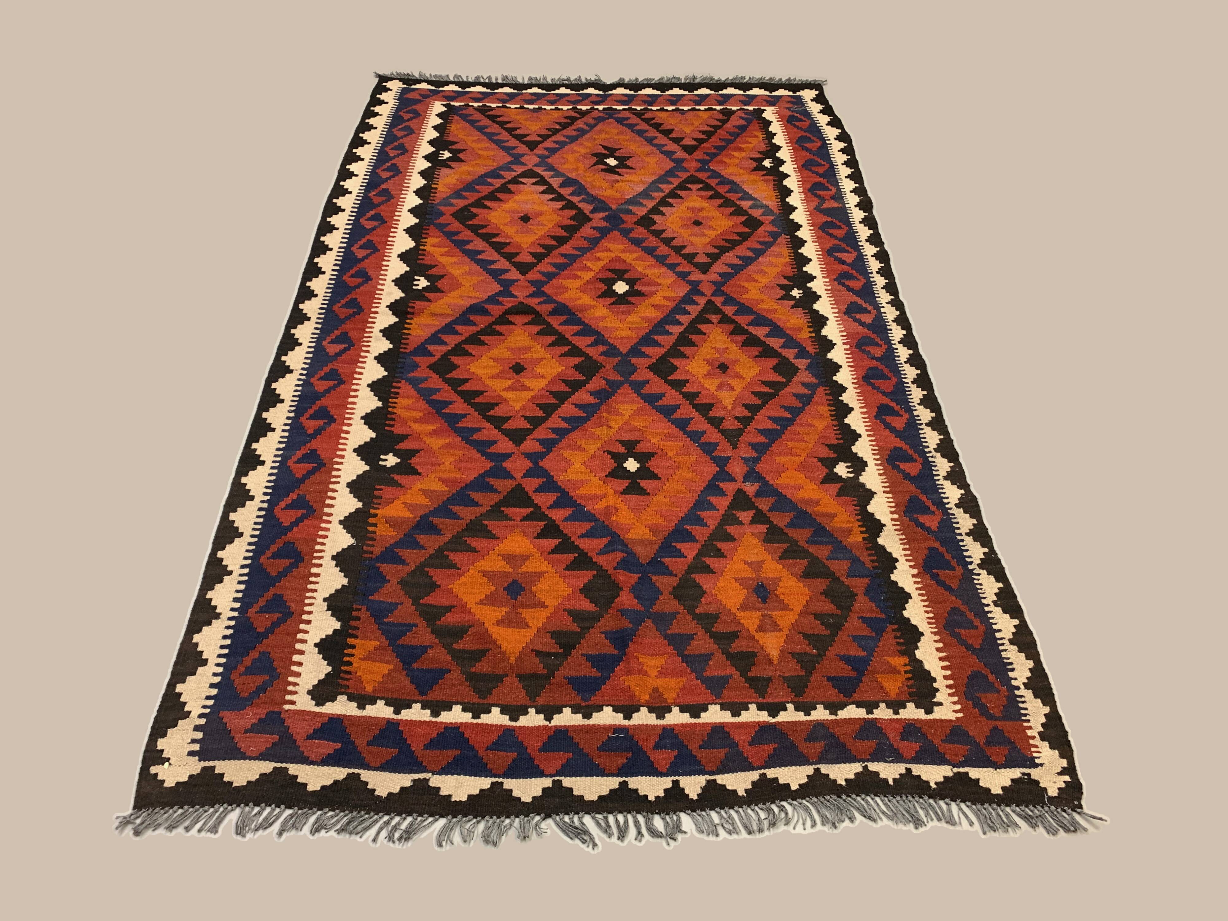 Vintage Afghan Tribal Kilim Wool Rug 252x154 cm Red, Orange, Brown, Black Large