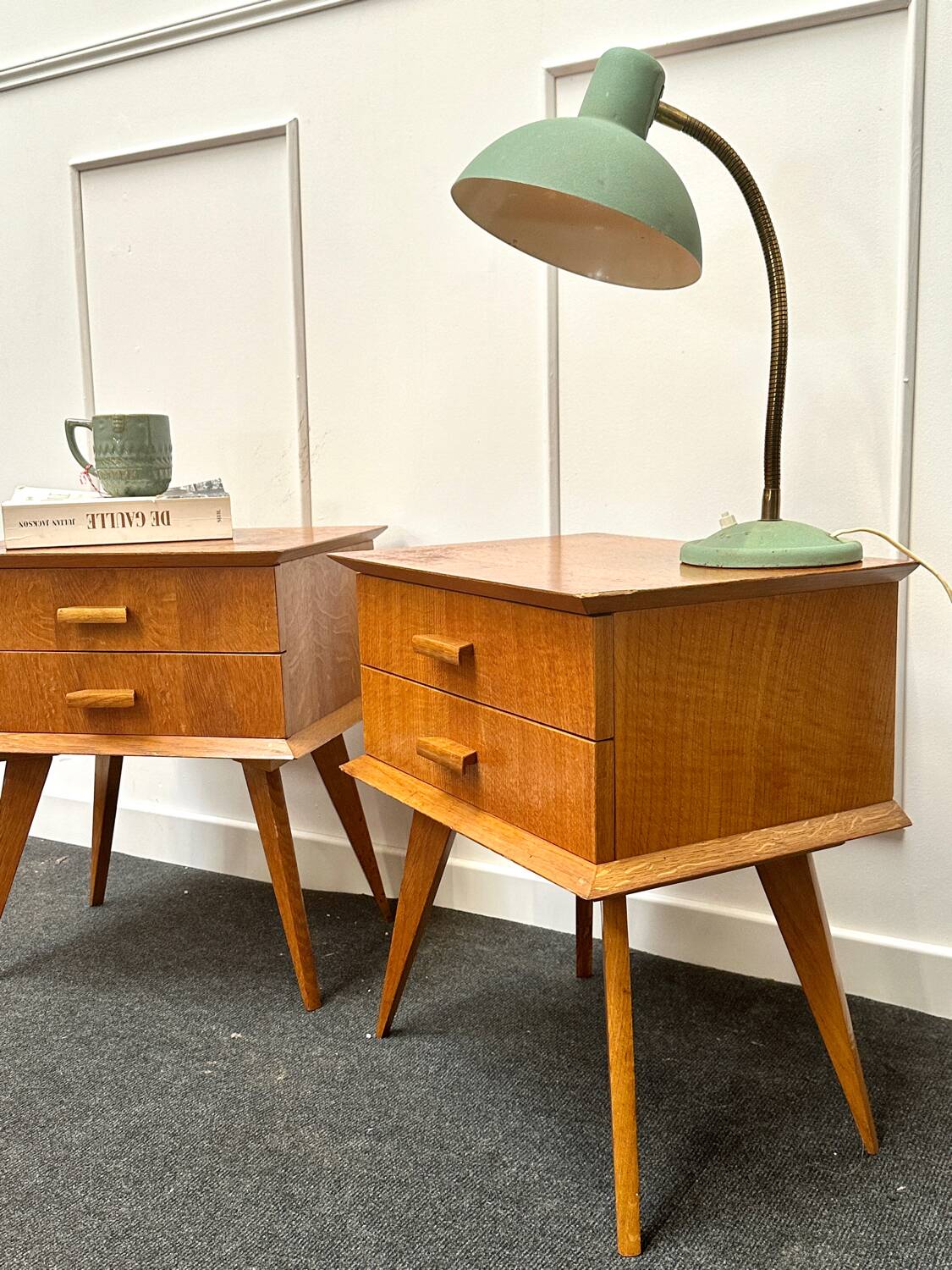 Pair of bedside tables with compass legs