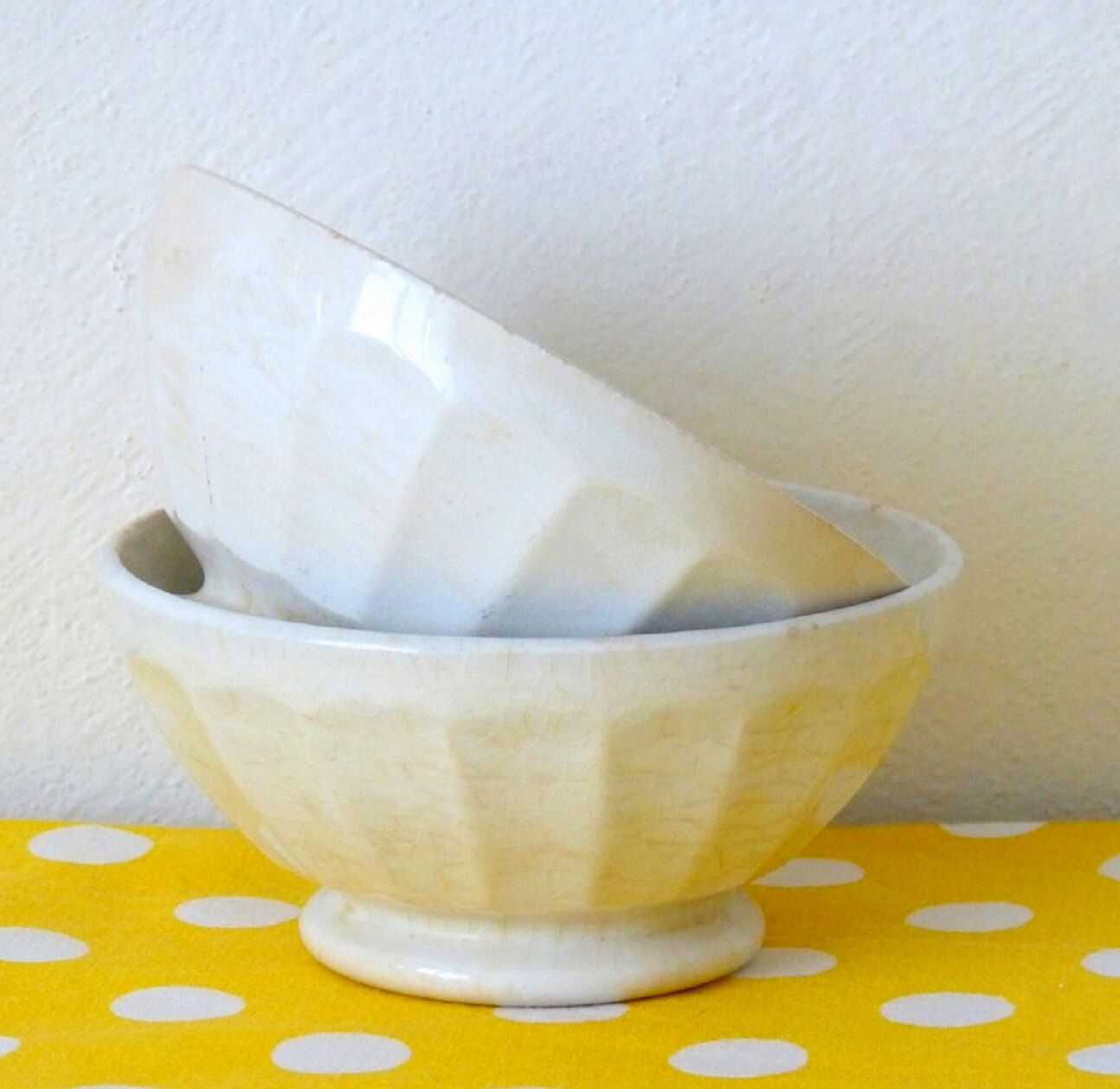 2 antique faceted bowls in cracked earthenware