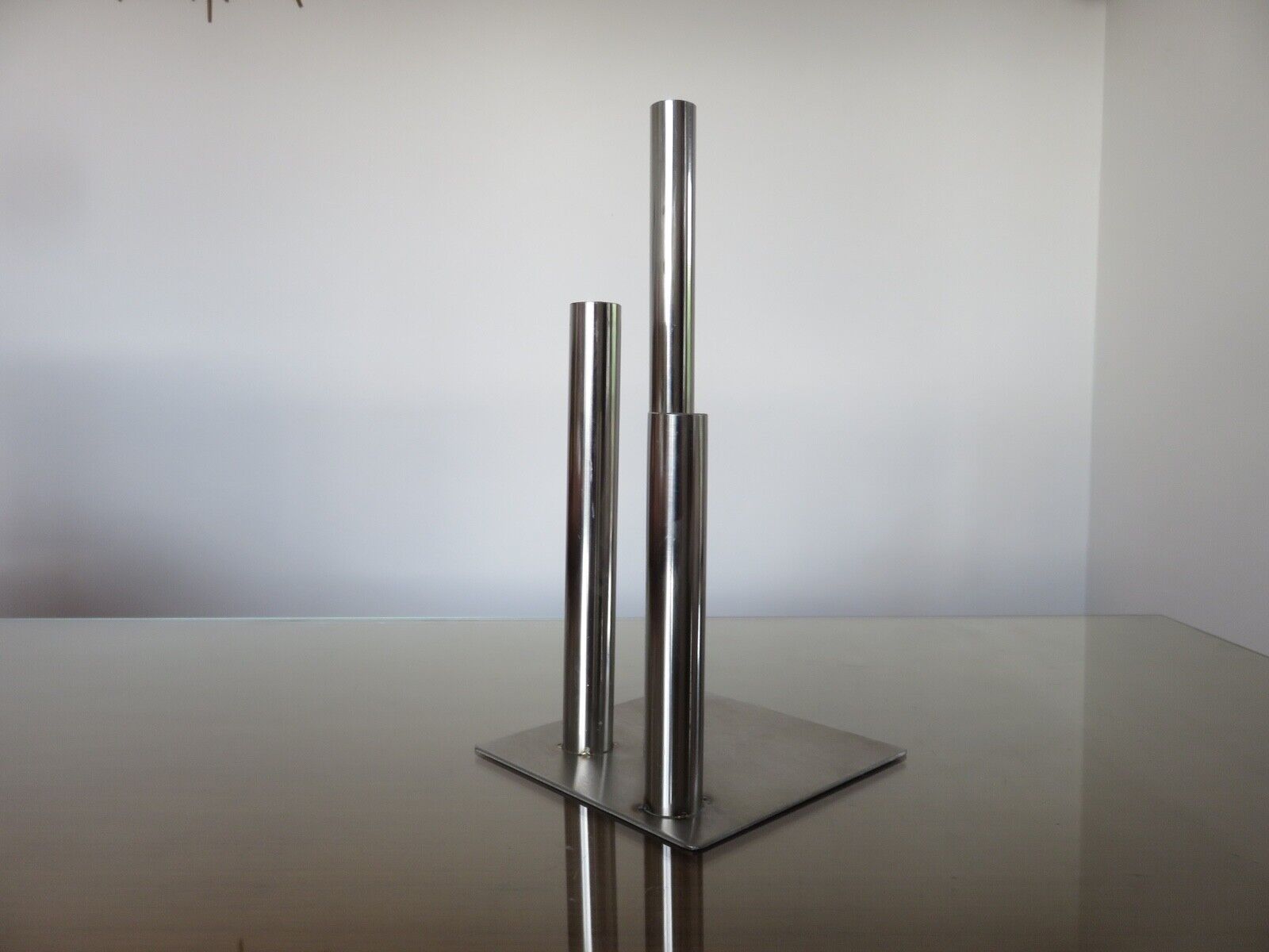 Triple candle holder, modernist, minimalist stainless steel 1970