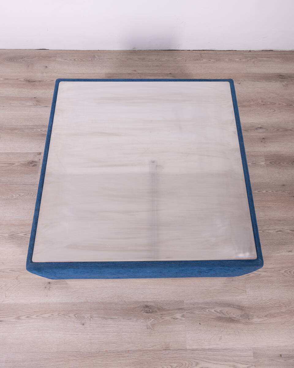 Vintage coffee table from the 70s, blue fabric, tasty designs