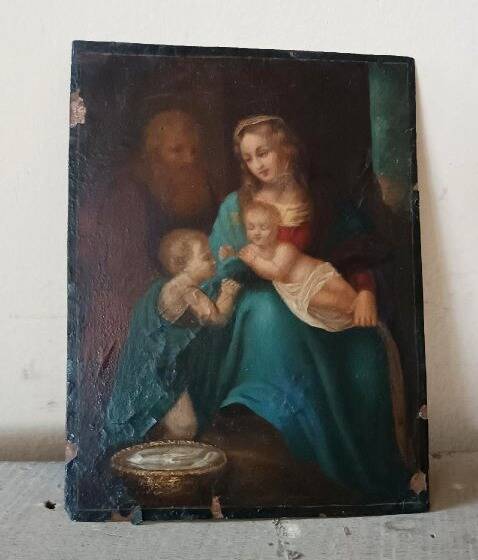 Peinture ancienne sur cuivre - Sainte Famille -