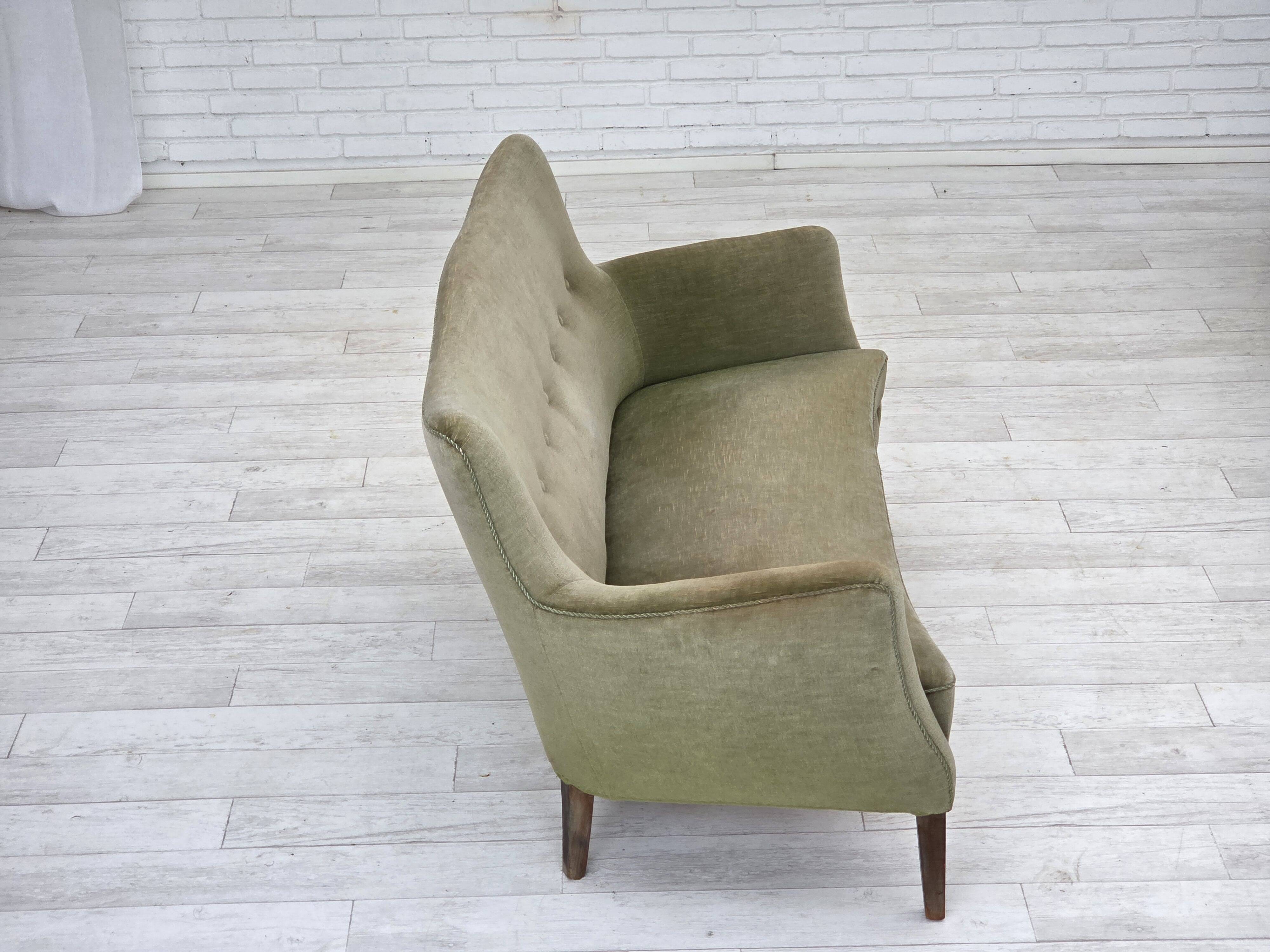 1960s, Danish curved 2-seater sofa, furniture velour, beech wood.