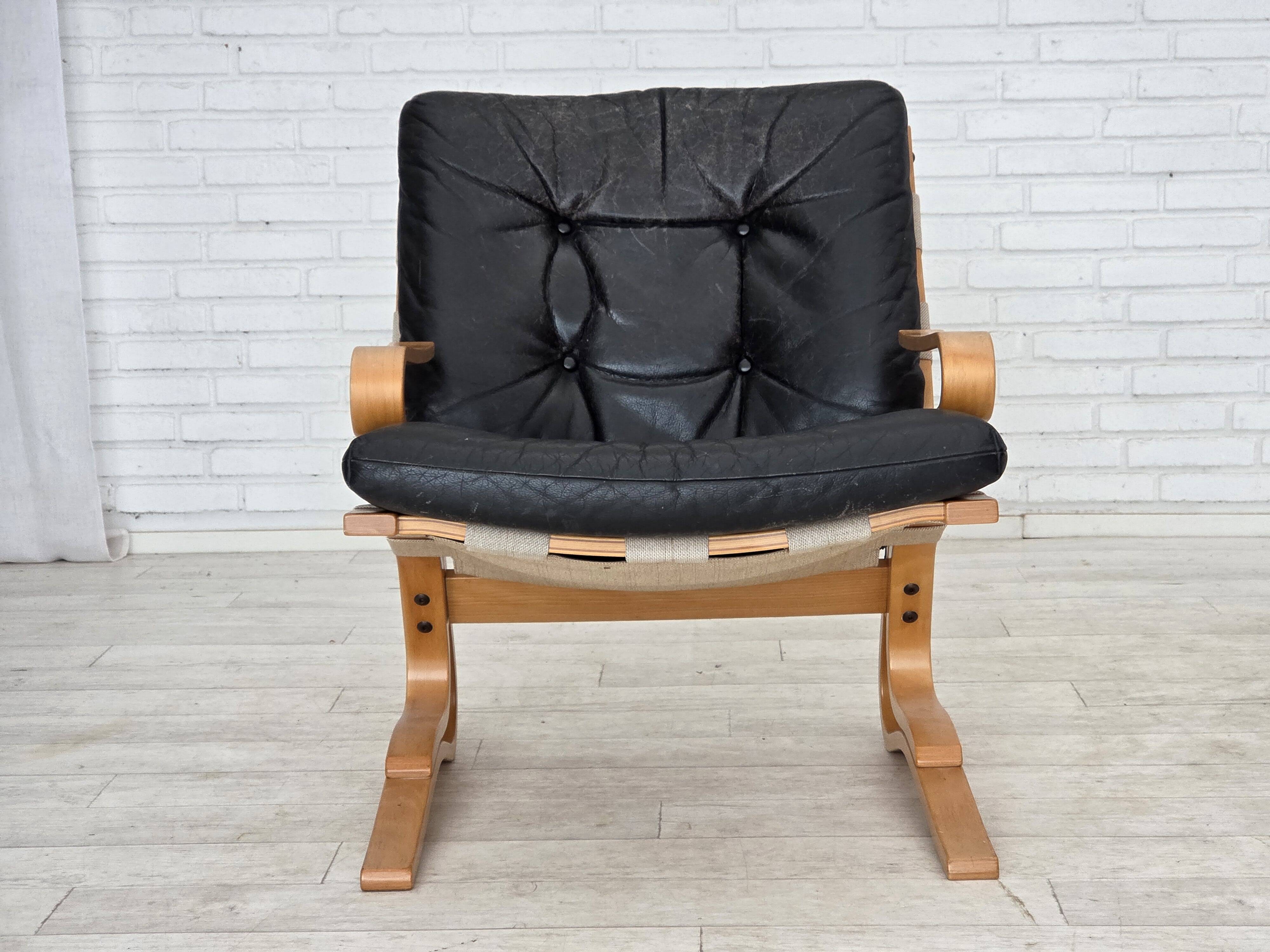 1970s, Norwegian design, armchair model "Kengu", leather, bent wood.