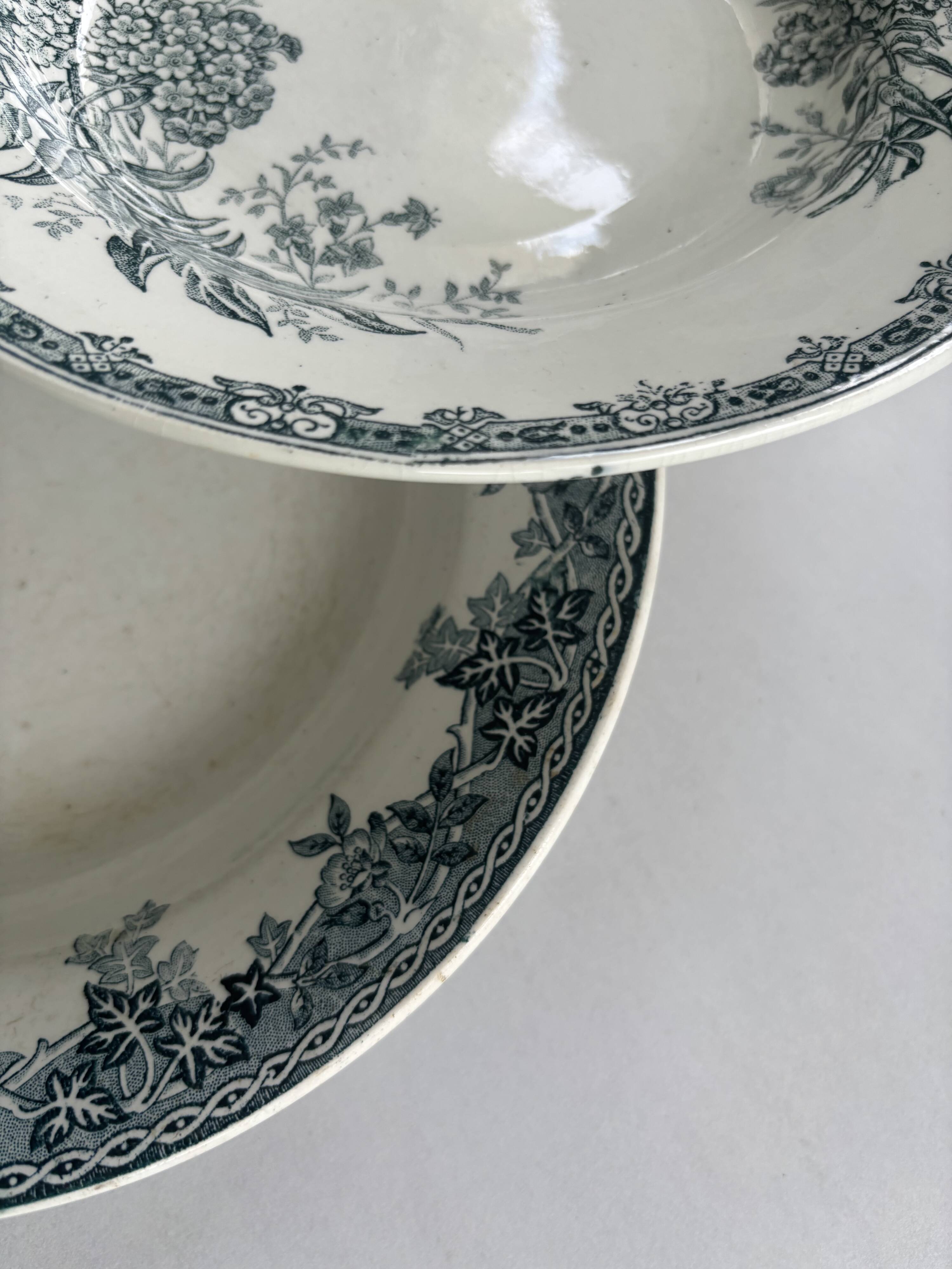Set of 6 blue ironstone deep plates, antique French earthenware.
