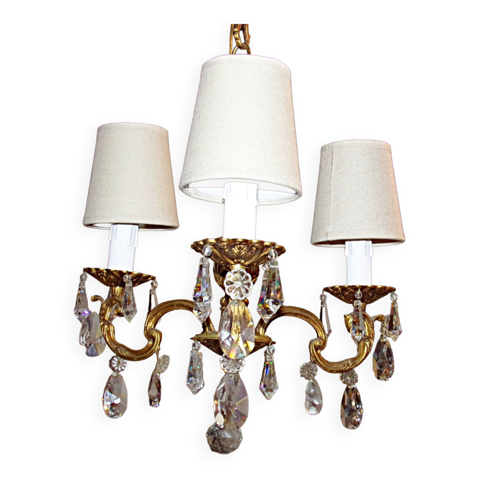 France Vintage - Antique Brass Chandelier with Tassels and Lampshades