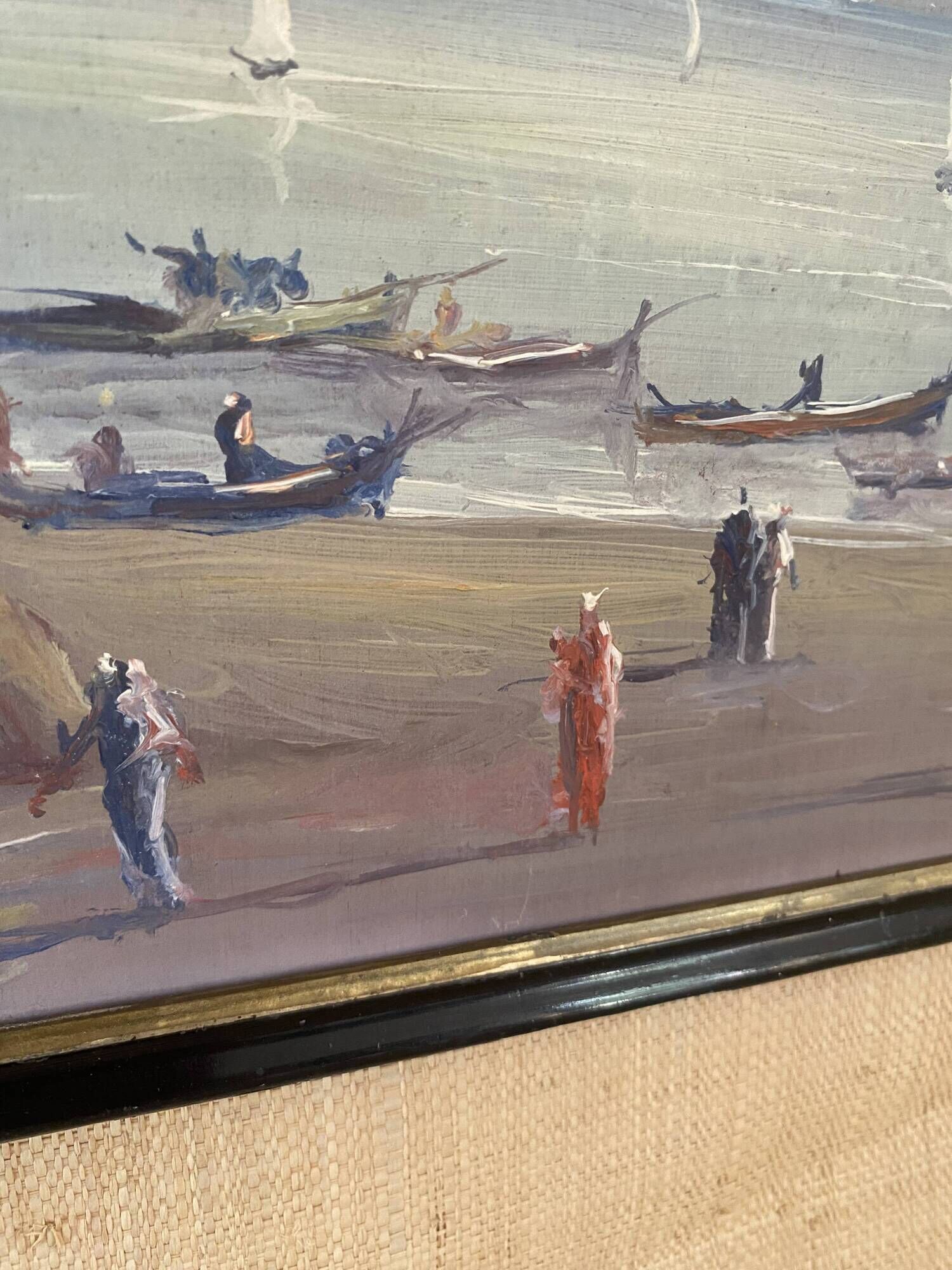 Oil painting "Fishermen of Sicily" 1960, Napoleon III frame