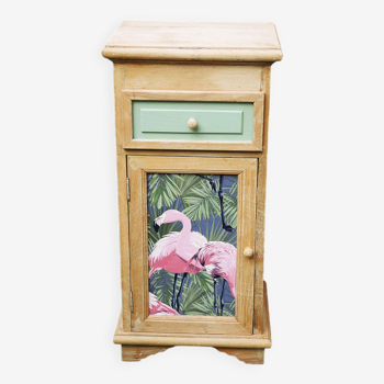 Old bedside table flamingo decor