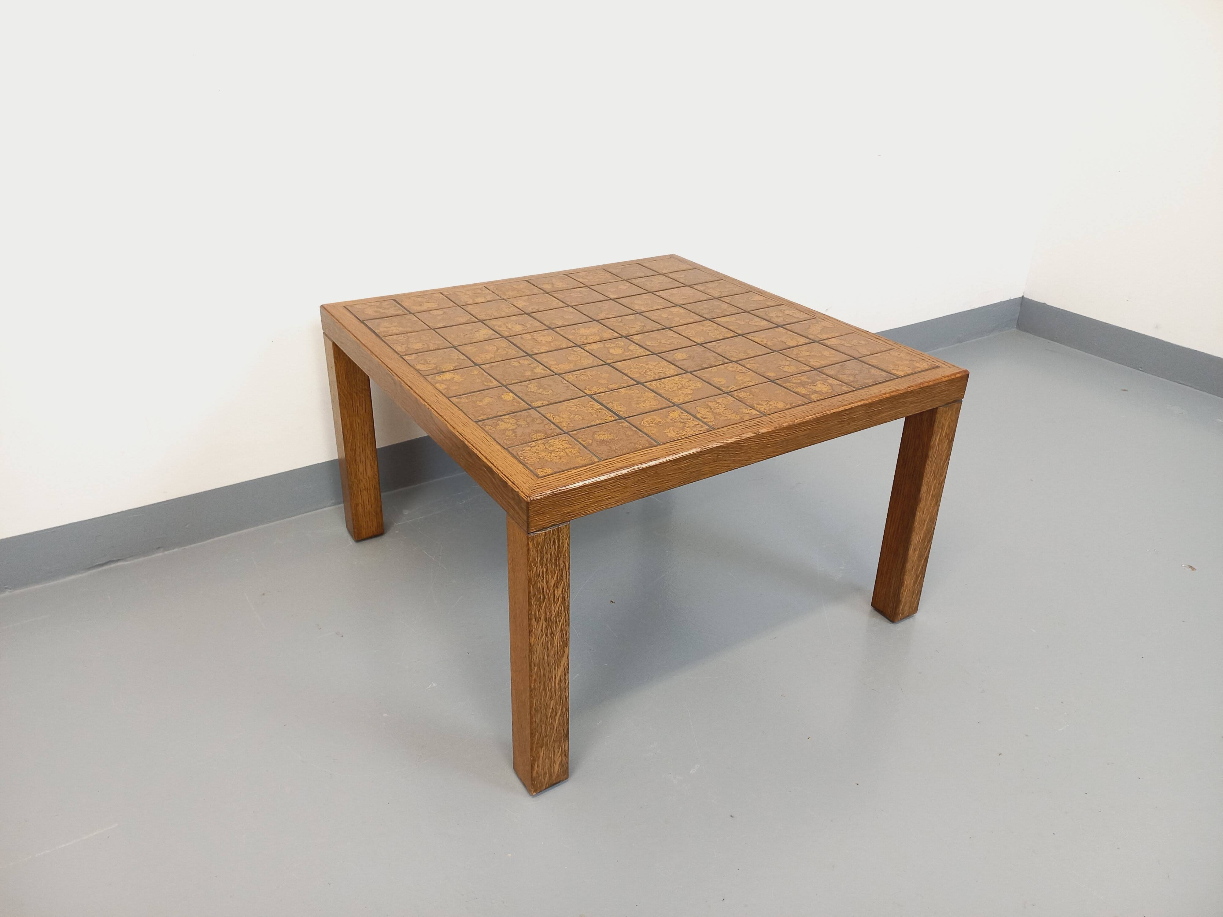 Vintage square coffee table in oak wood and ceramic from the 60s and 70s