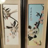Adorable Paire de tableaux oiseaux à relief Chinois Asiatique Réalisés en Plume Vintage