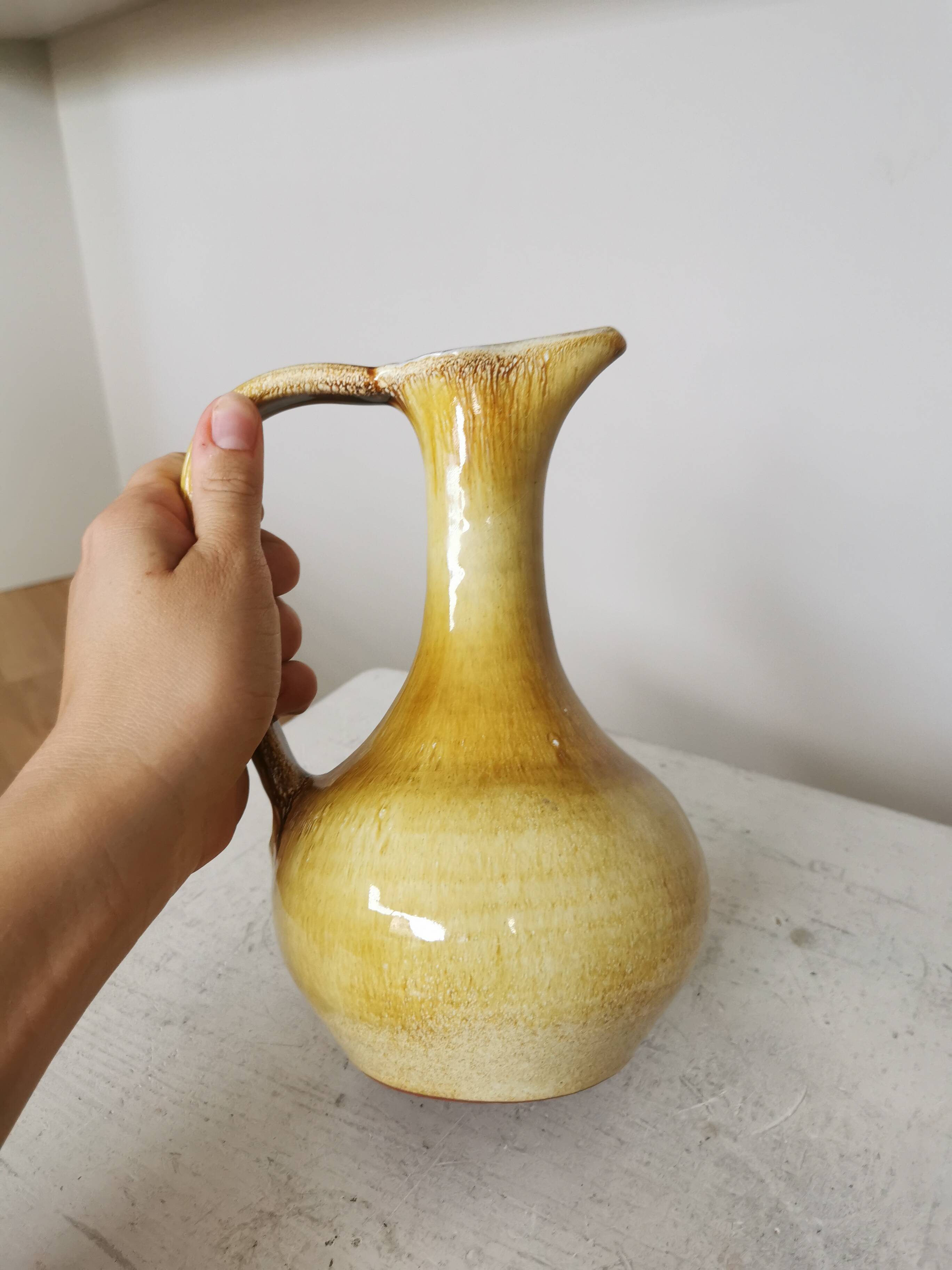 Handmade Ceramic Pitcher: 1970s LKC Pottery, Yellow Brown Glaze