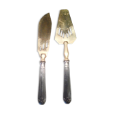 Cake serving cutlery (fork and knife), silver handles cored with collar hallmark