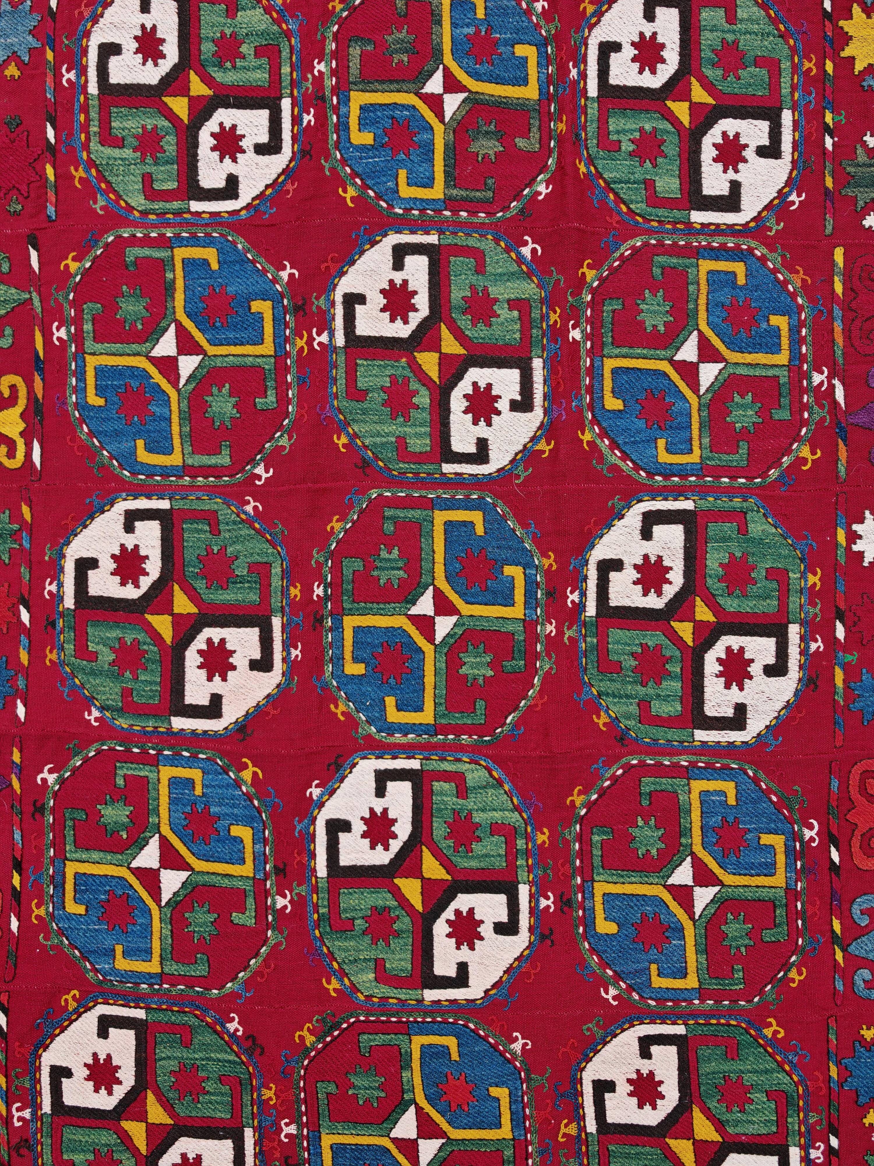 Ancient Uzbek Carpet Mixed Technique Flat Woven, Early 20th Century