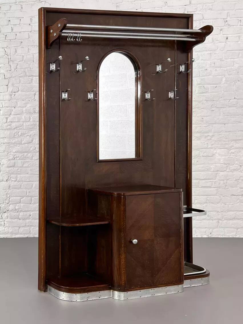Art deco cloakroom coat rack in wood, mirror and chrome metal