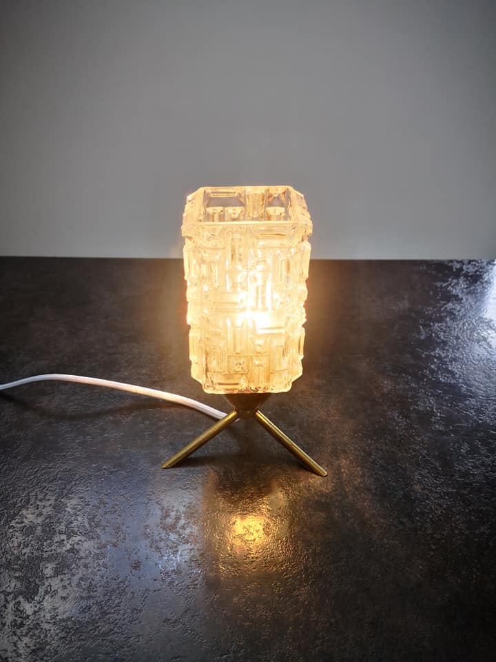 Table lamp tripod globe rectangle glass thick 100% 1970 vintage