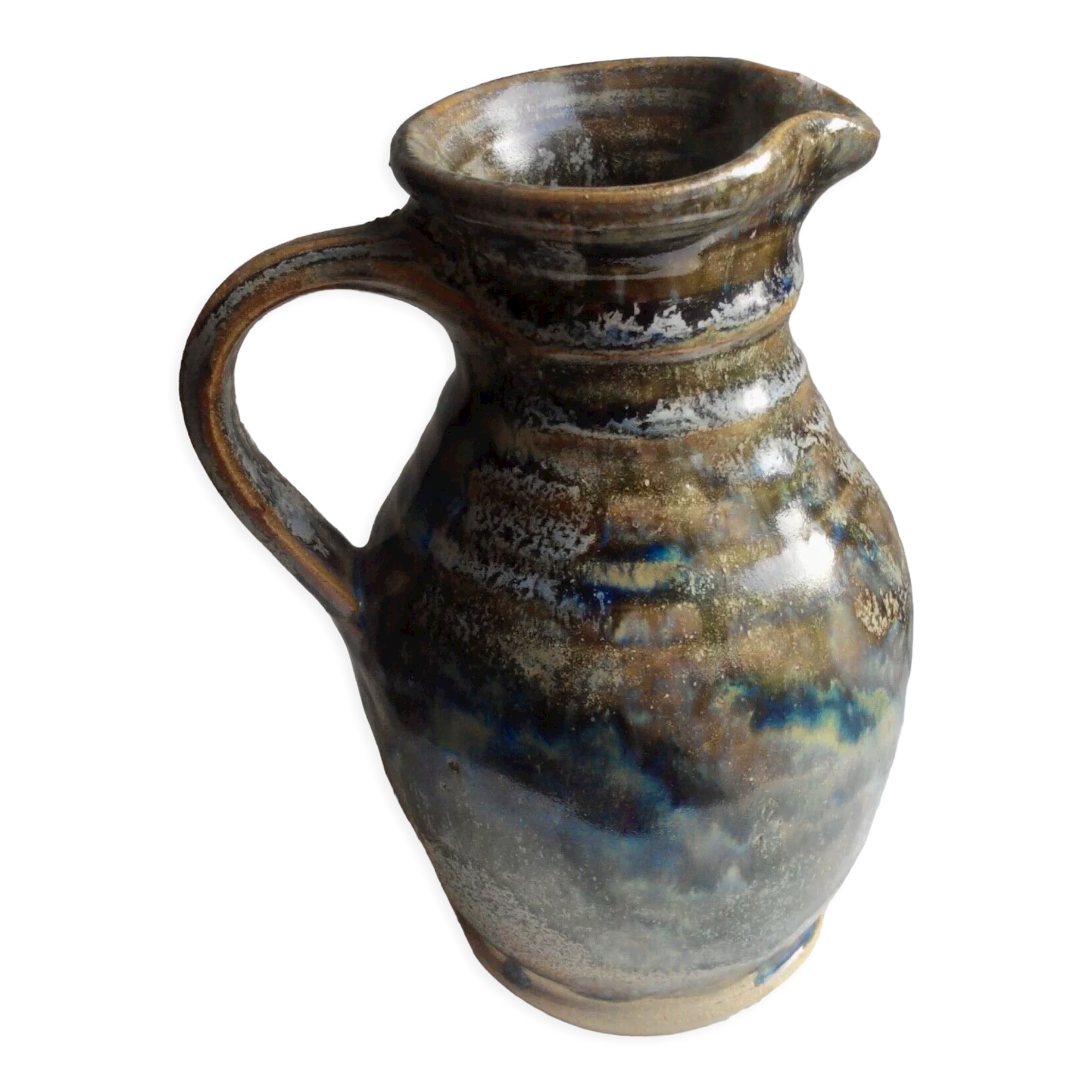 Enamelled ceramic pitcher, signature mb the terminal