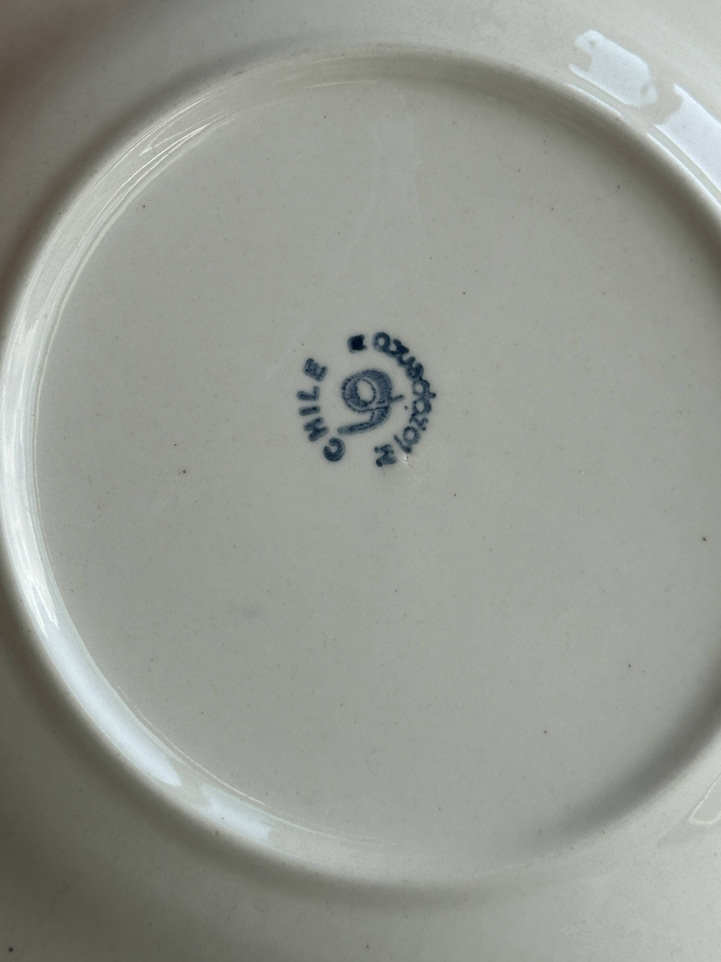 White ceramic plate with a blue fruit pattern.