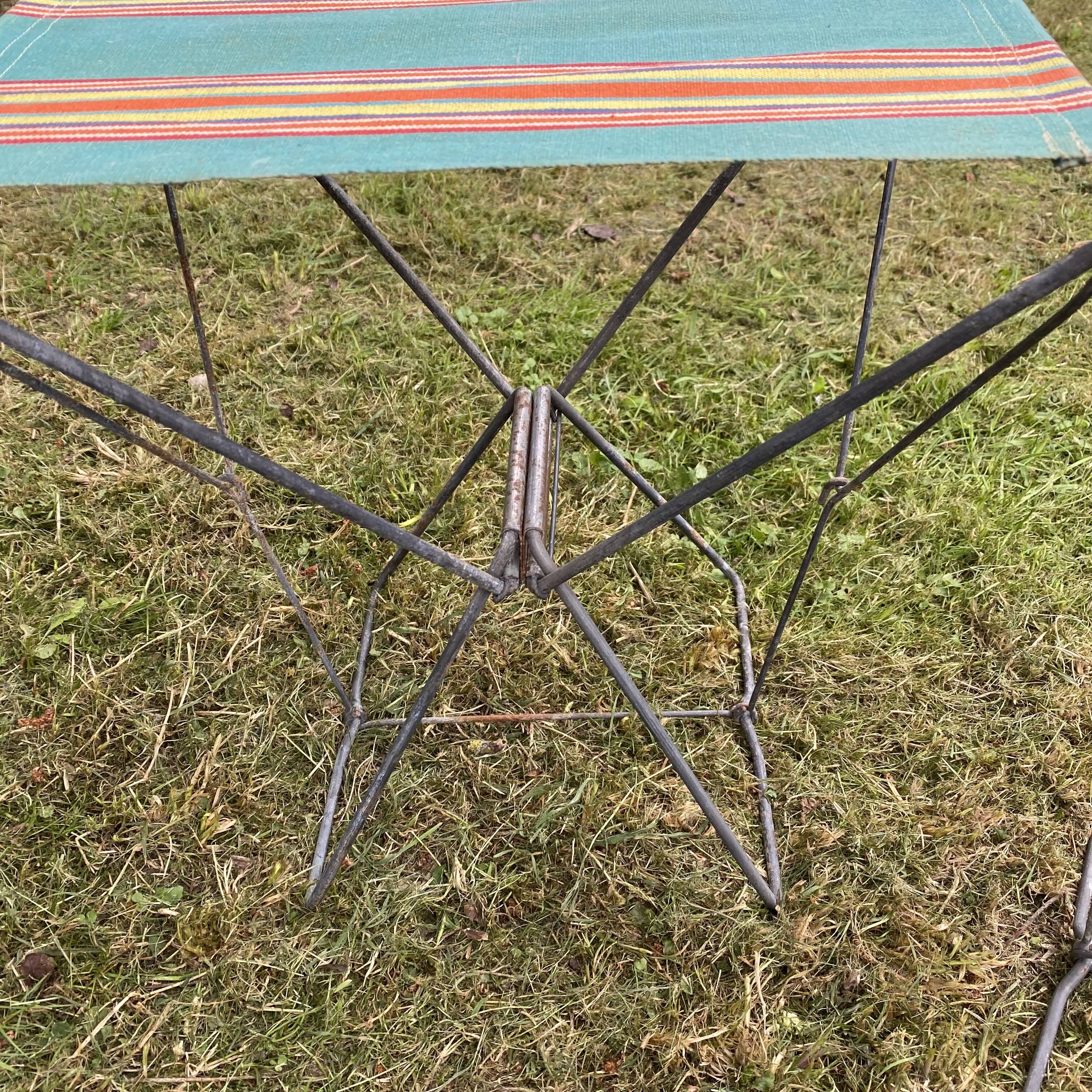 Vintage camping folding stool, striped canvas