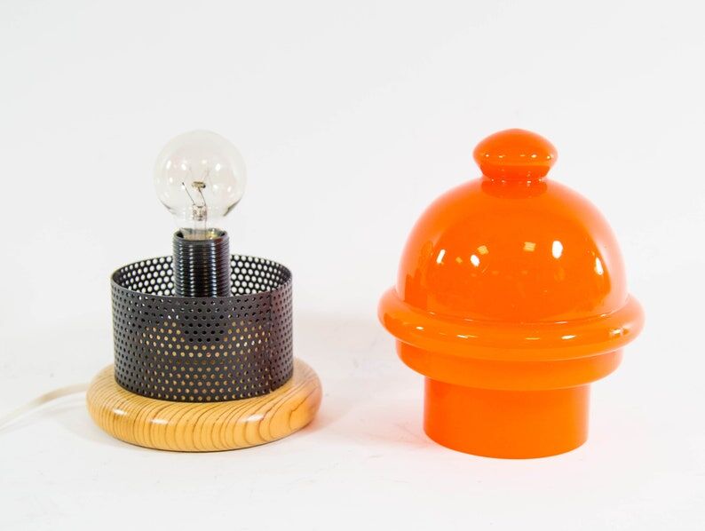 Vintage table lamp in orange glass and black perforated metal 70s