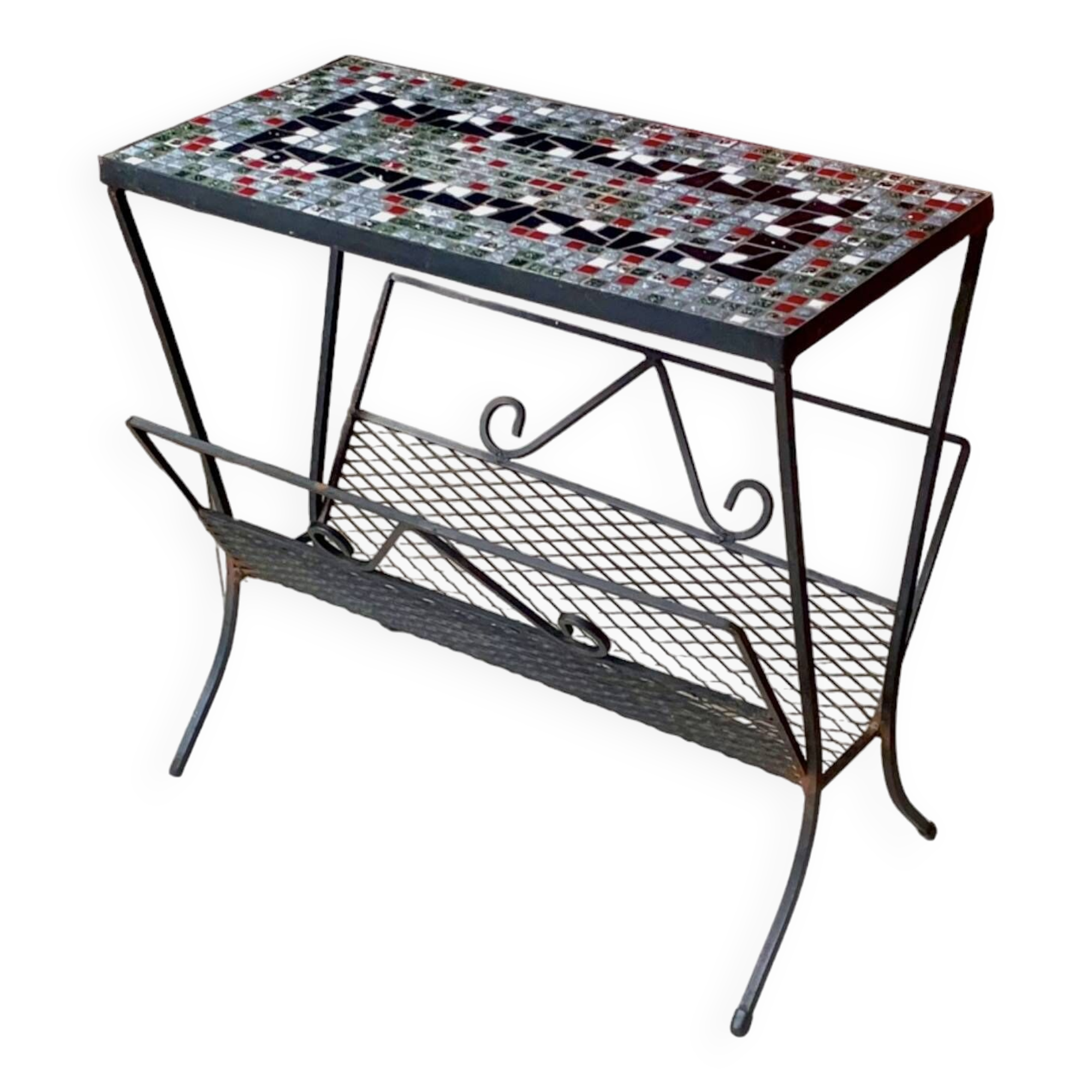 Vintage side table and magazine rack in wrought iron and ceramic tiles