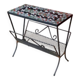 Vintage side table and magazine rack in wrought iron and ceramic tiles