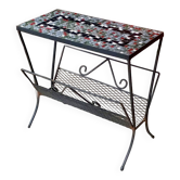 Vintage side table and magazine rack in wrought iron and ceramic tiles