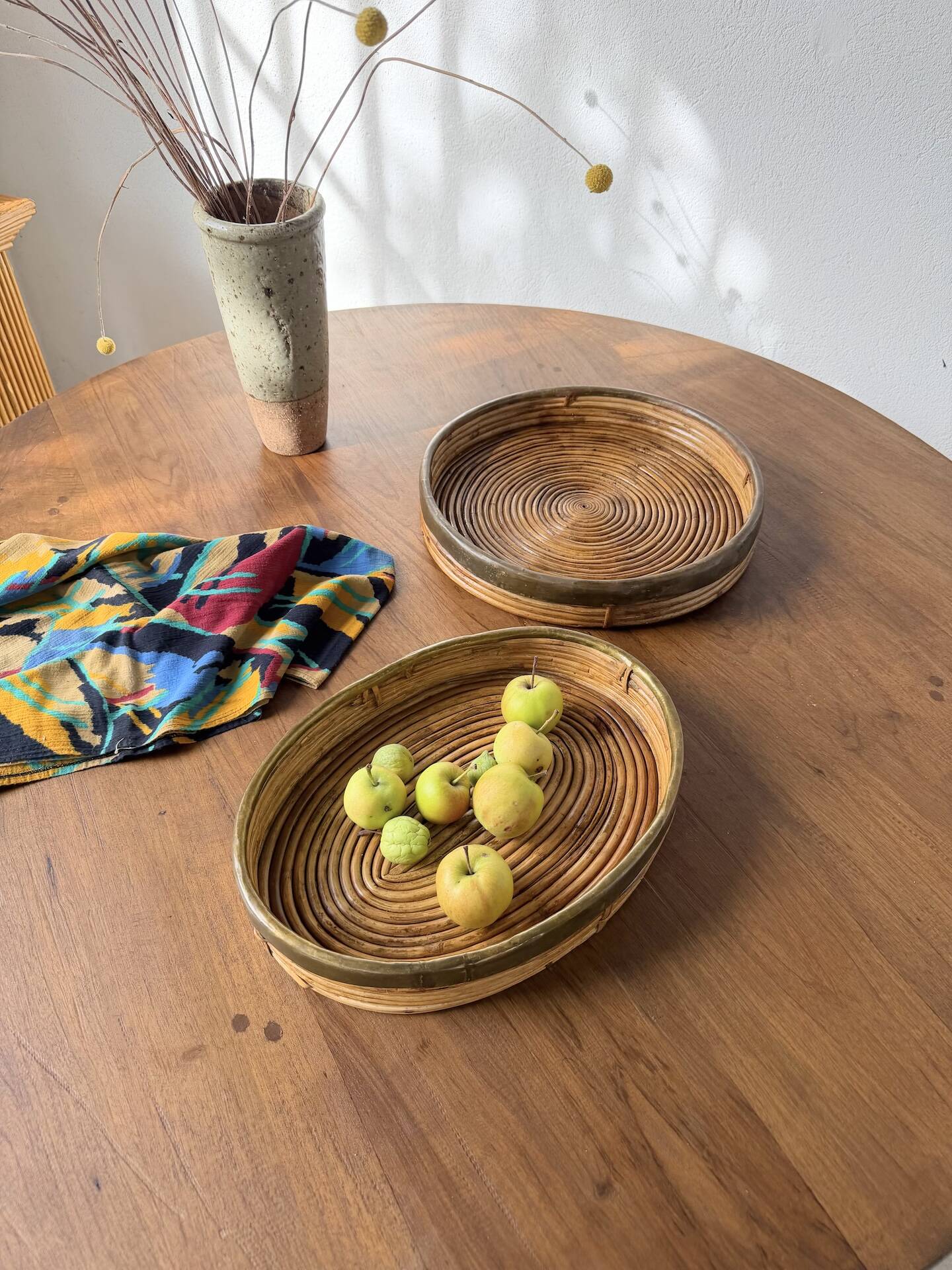 Round rattan and brass trays 1970 by Gabriella Crespi