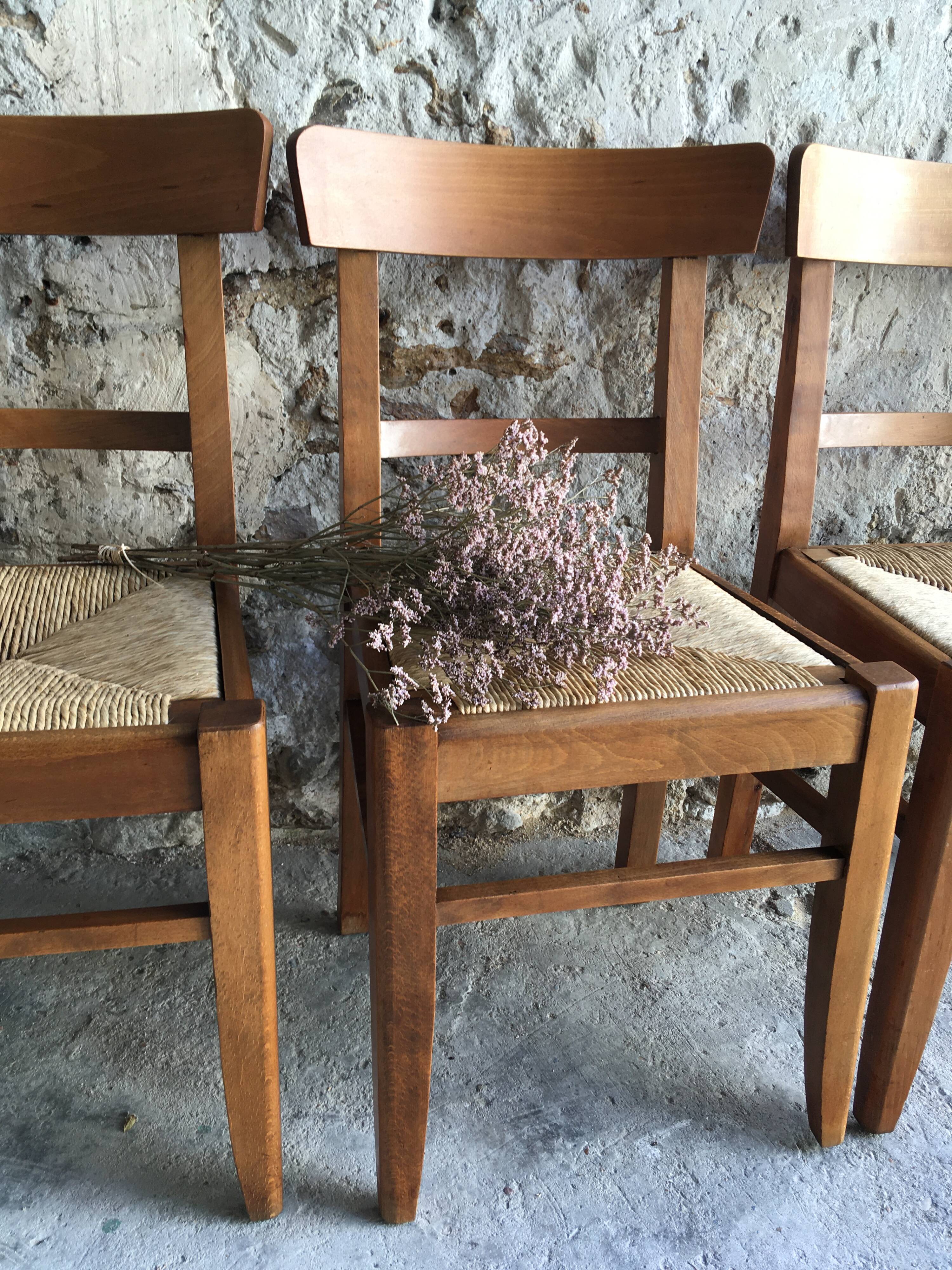 4 chaises vintage en bois et paille