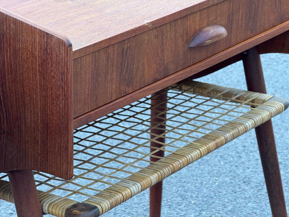 Modernist Danish teak bedside tables with rattan shelves, set of 2