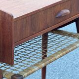 Modernist Danish teak bedside tables with rattan shelves, set of 2
