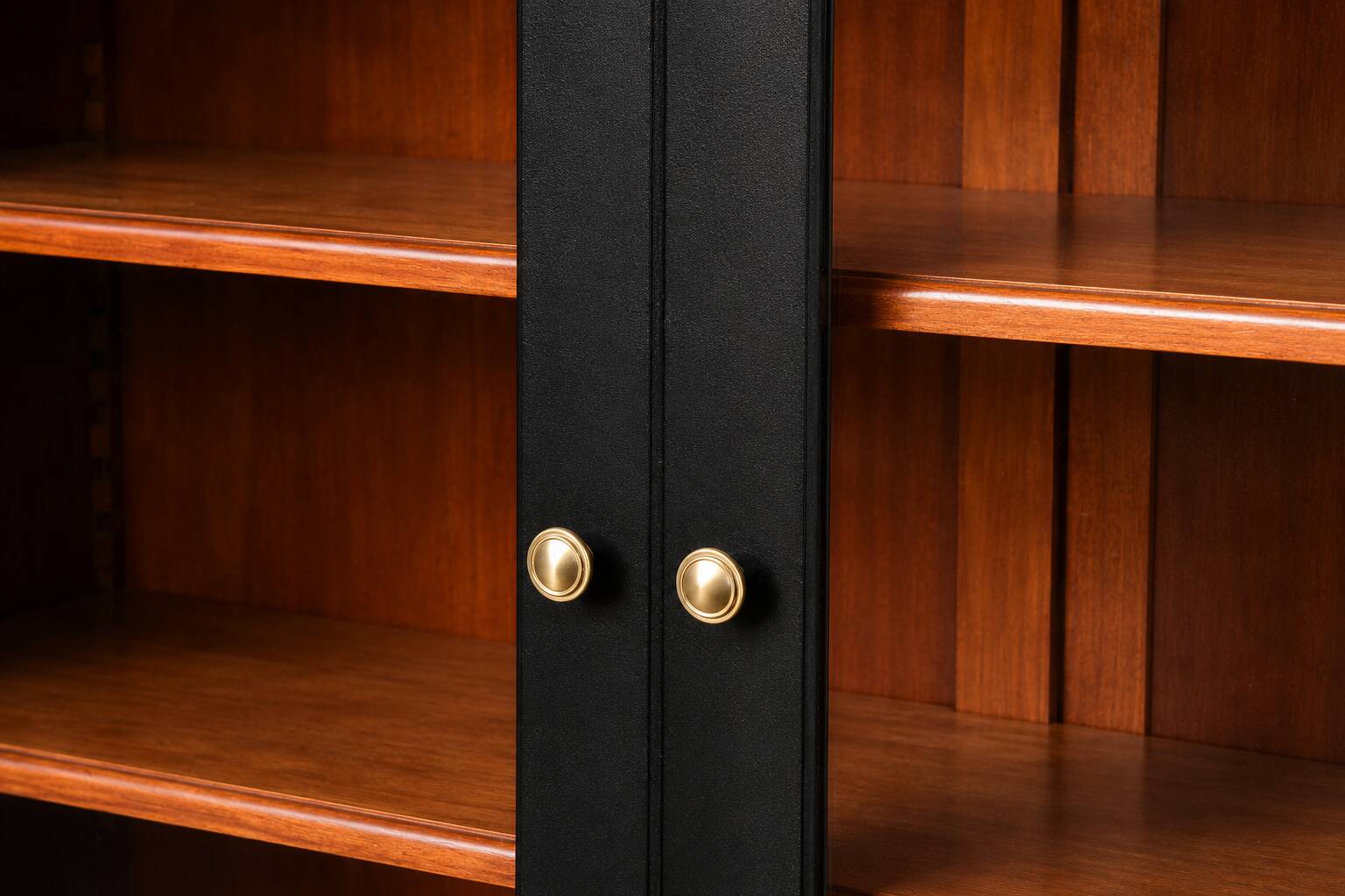Renovated black antique Louis XVI style display cabinet, glass-fronted bookcase.