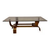 Vintage Fubo coffee table, 1970s design, made of bent wood and smoked glass