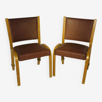 Pair of Bow Wood chairs for Steiner - Skai and brown wood - 1960s