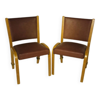 Pair of Bow Wood chairs for Steiner - Skai and brown wood - 1960s