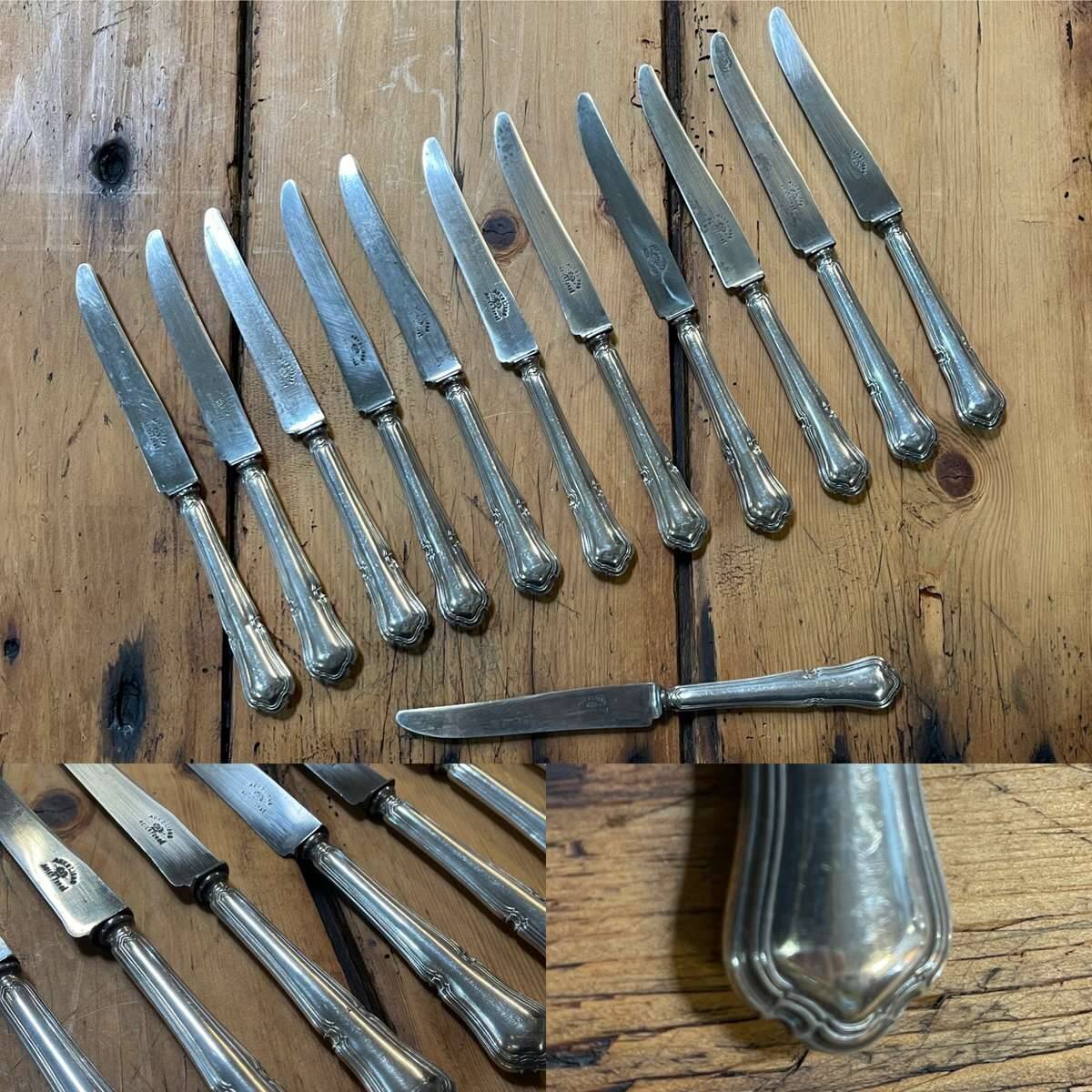 Set of 12 dessert knives in silver metal with steel blades from the early 20th century