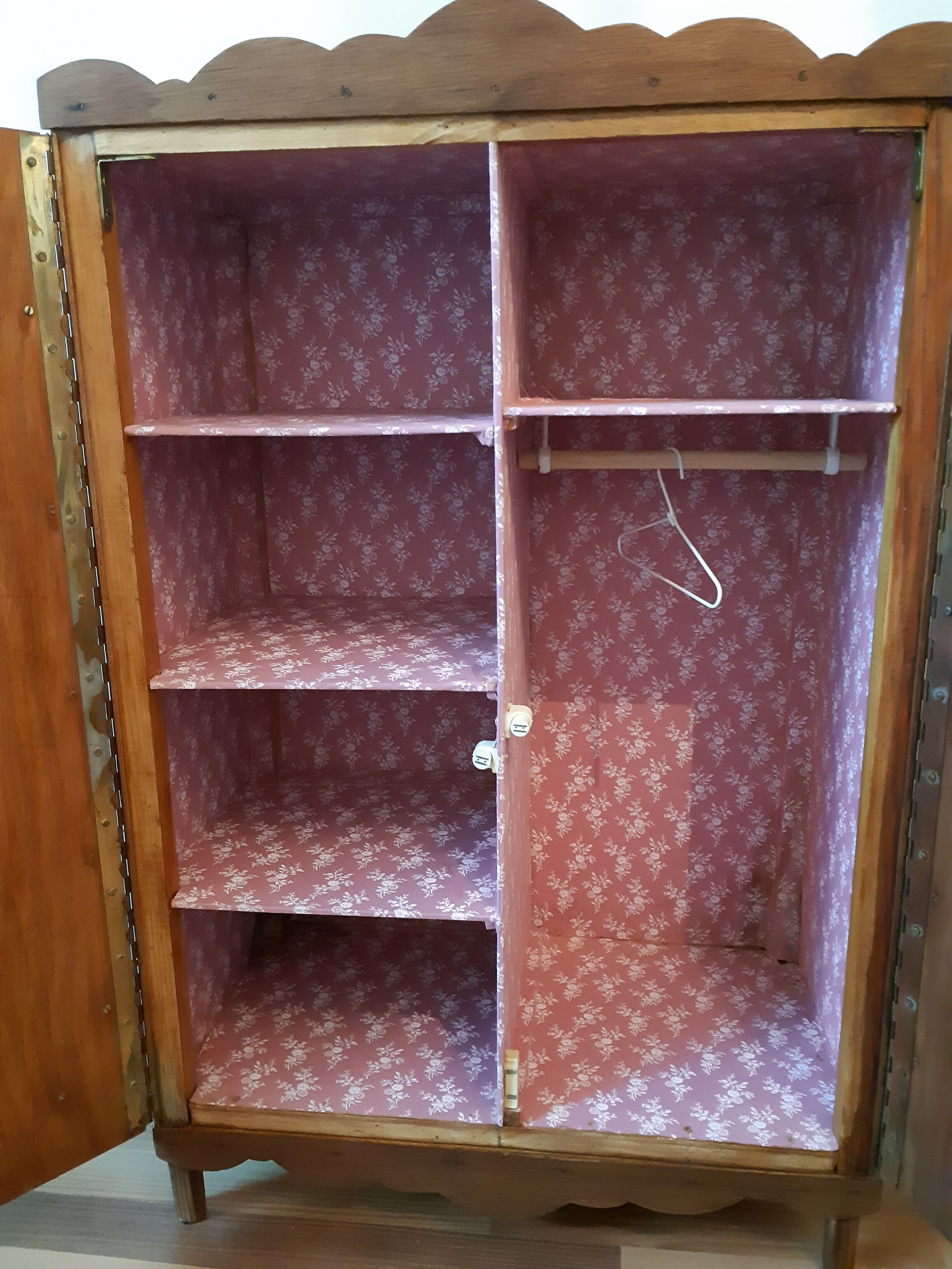 Handcrafted wooden doll cabinet, vintage French 50s