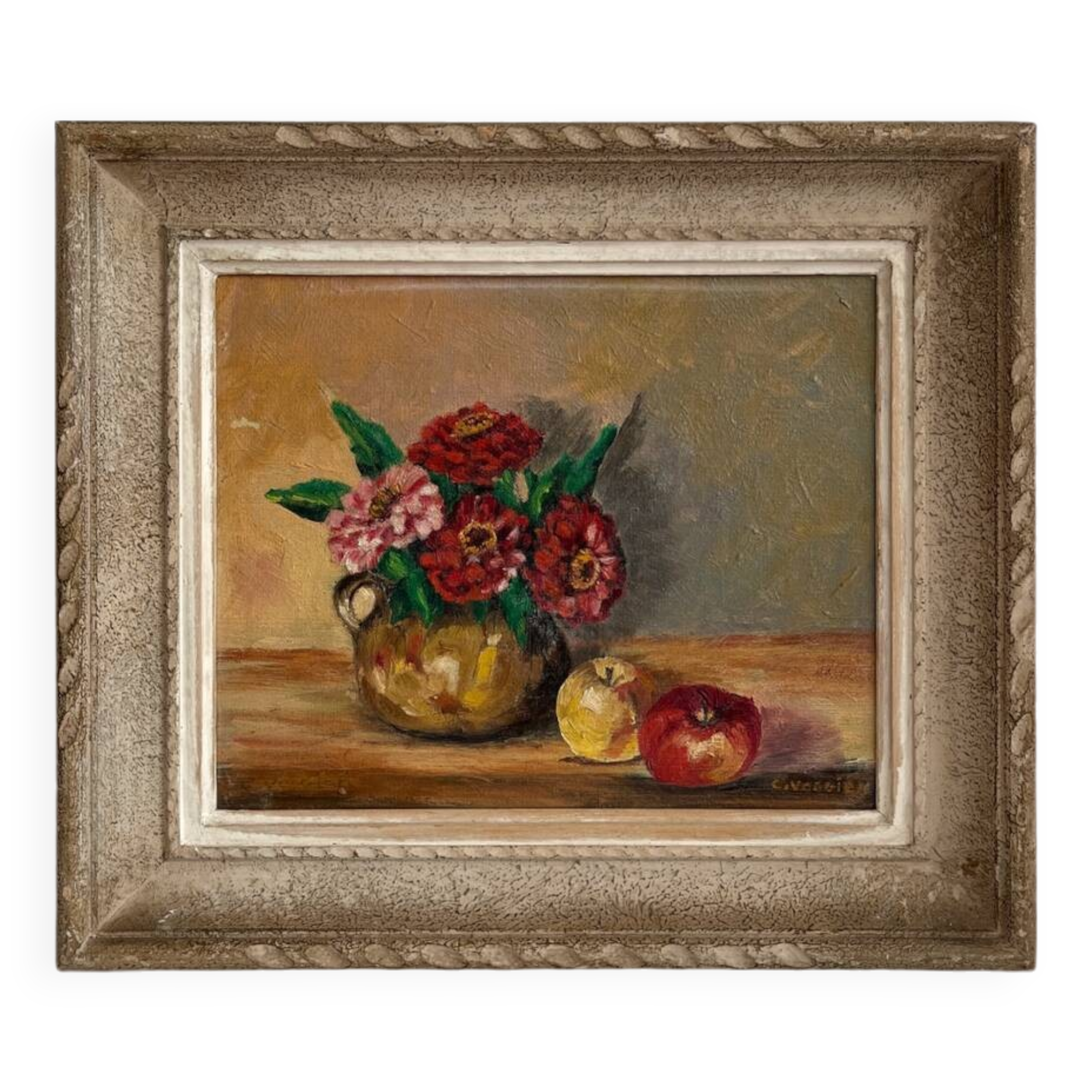 Antique oil painting on canvas with flowers and apples