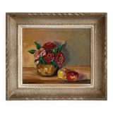 Old oil painting on canvas flowers apples