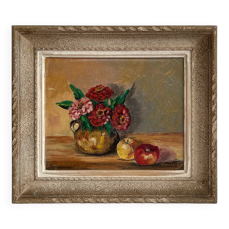 Old oil painting on canvas flowers apples