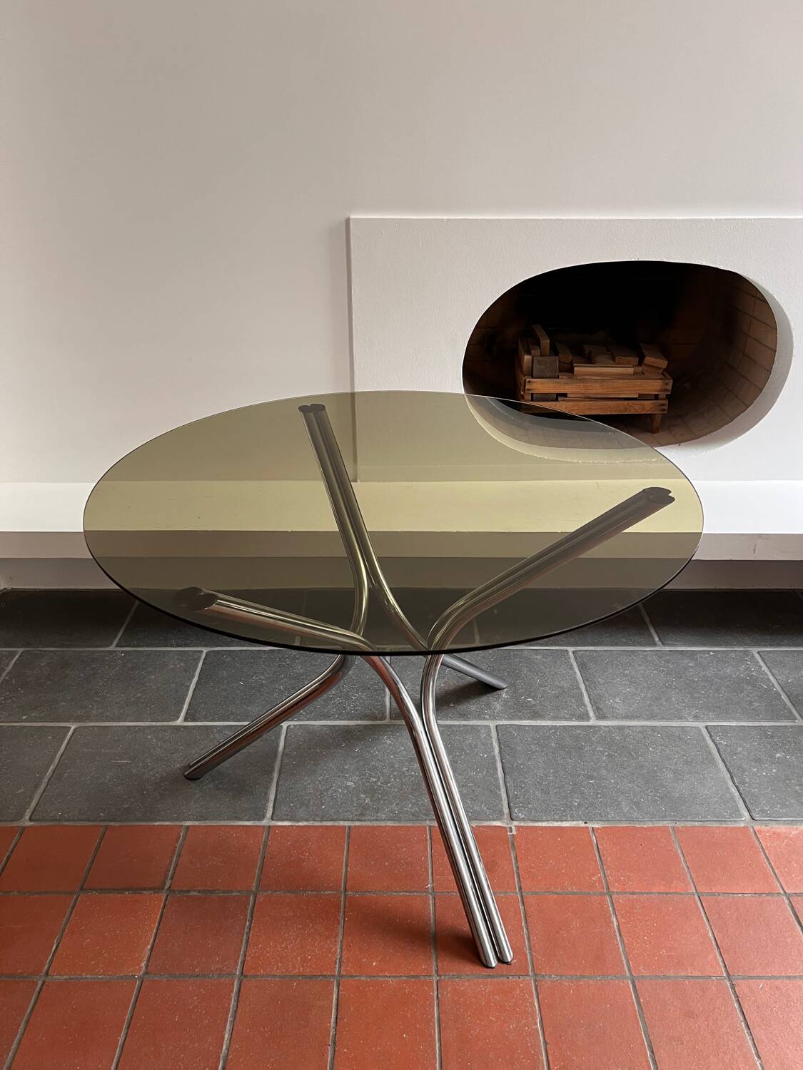 Chromed metal and smoked glass dining table, 1970