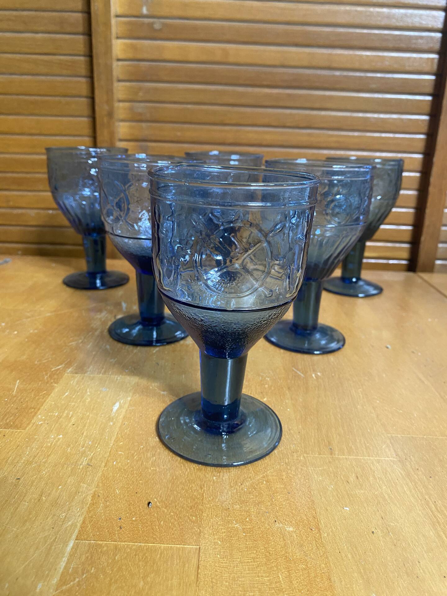 Set of 6 Blue Moulded Glass Goblets with Fruit Decor Vintage 1960s