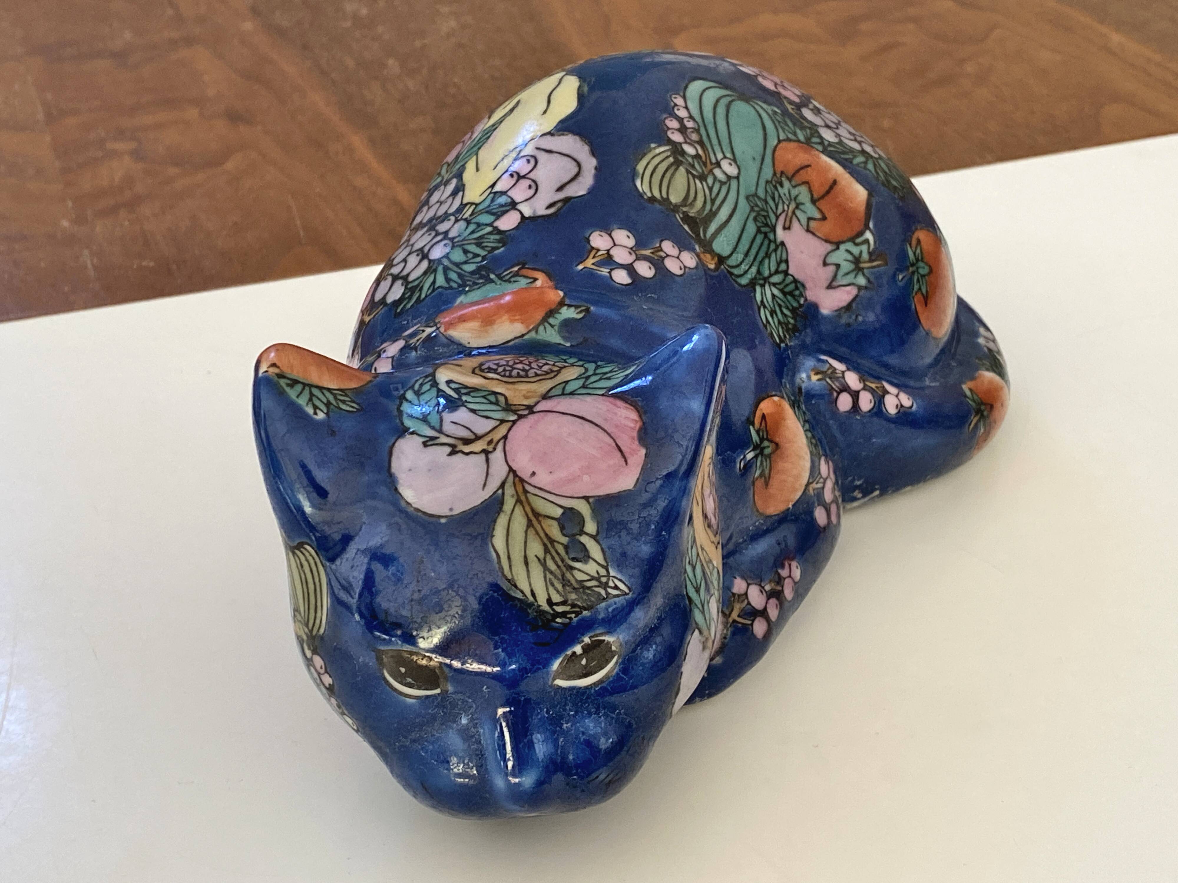 Vintage ceramic cat with fruit decoration