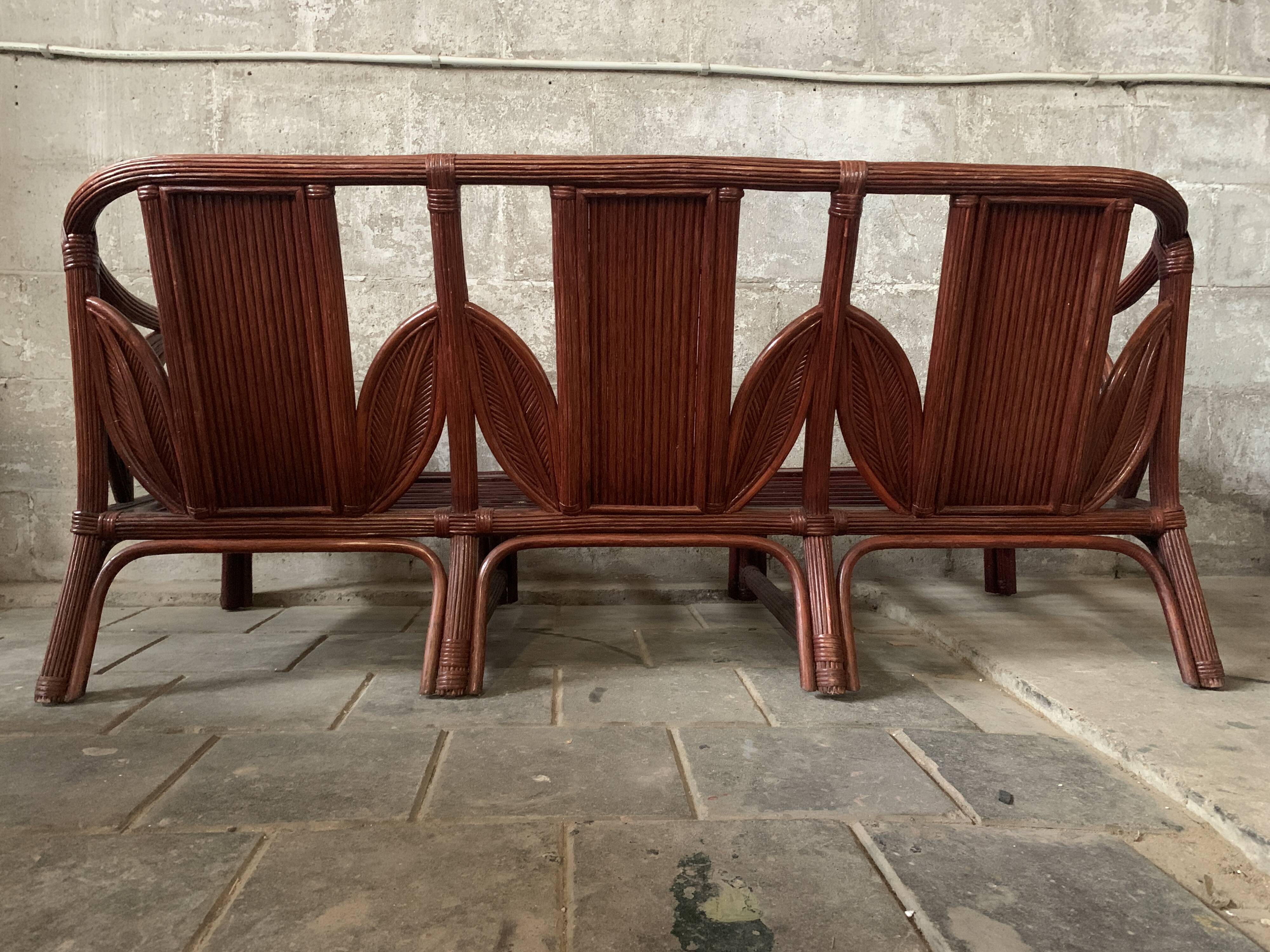 Pencil reed rattan bamboo coastal palm leaf bench sofa, Vivai del Sud 1970s