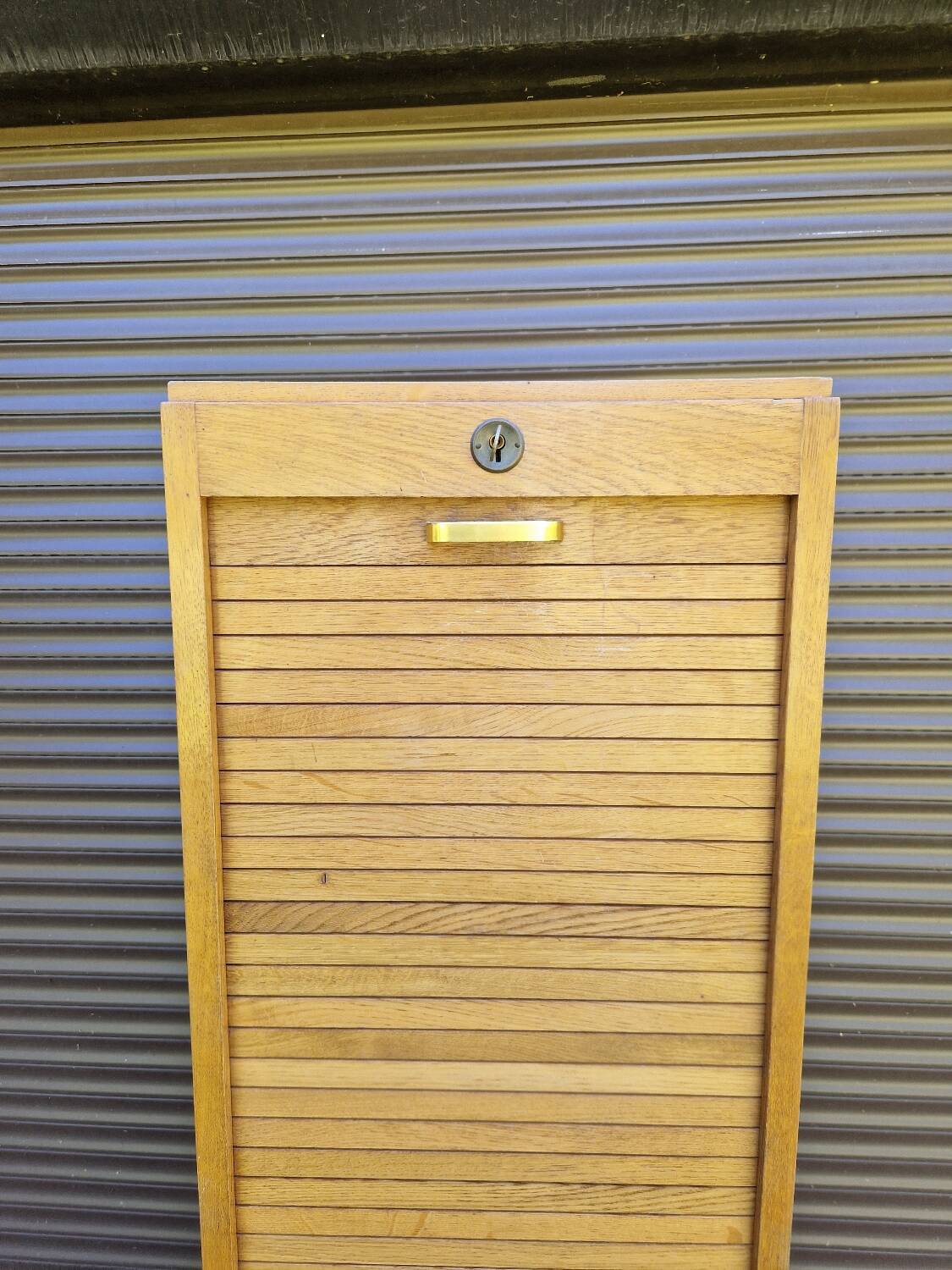 Large vintage 70s wooden curtain filing cabinet