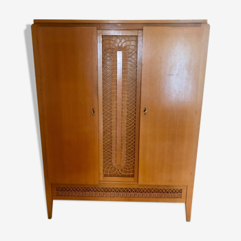 Armoire bois et rotin années 60