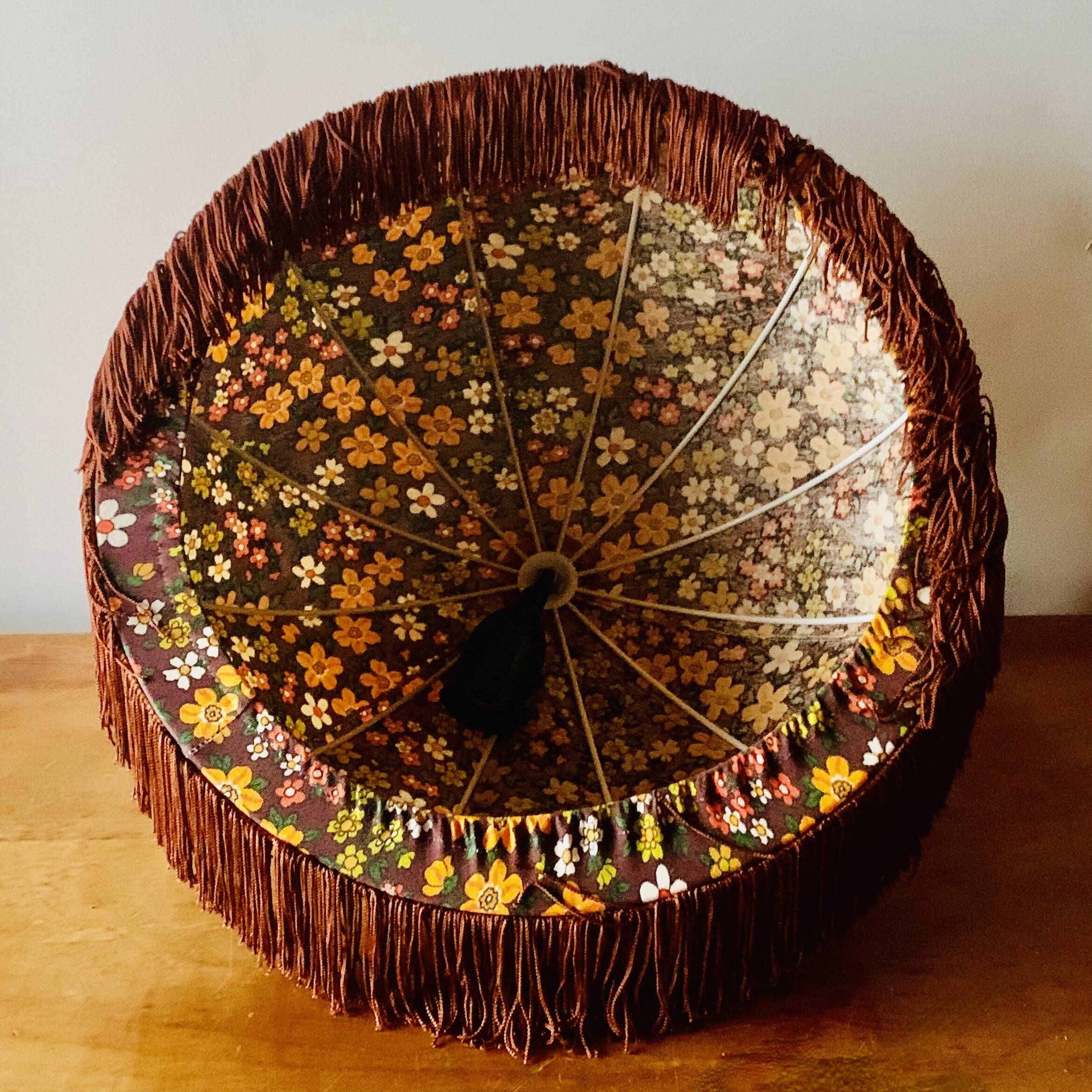 Vintage fringed pendant light in floral fabric - 1970s