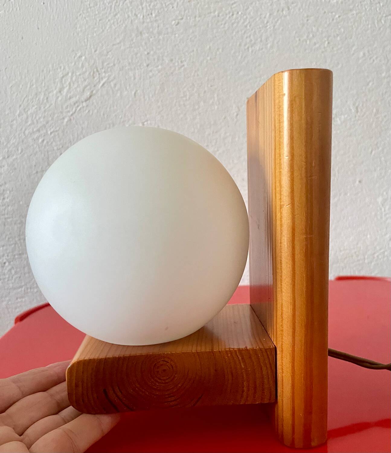 Vintage pine wall lamp with opaline globe